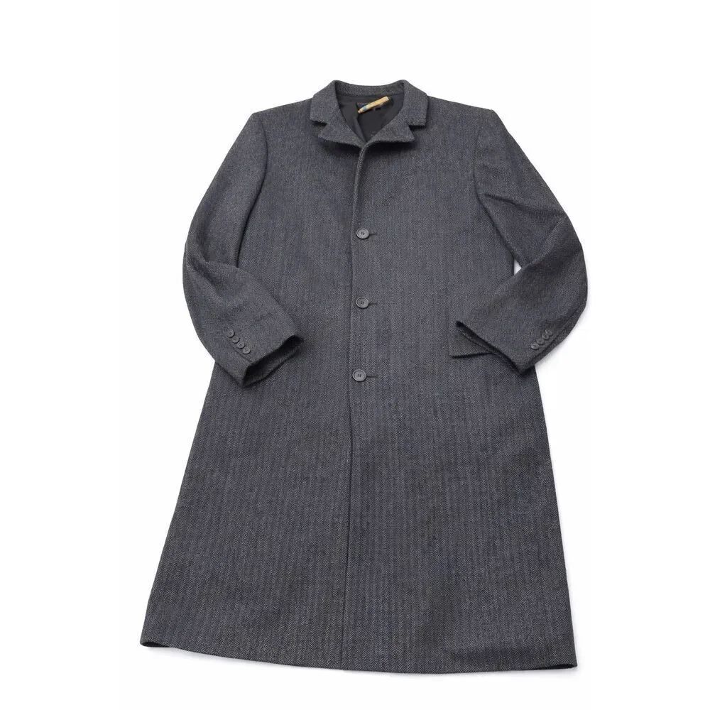 Hart Schaffner Marx Navy Blue Herringbone Tweed Wool Long Overcoat Coat Size 44L